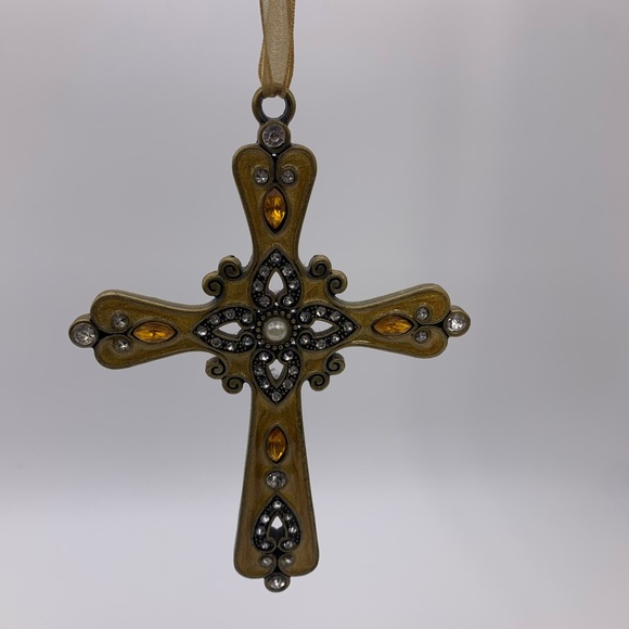 Gorgeous Vtg. Amber Gold Glitter Bronze Tone Metal Jeweled Cross Ornament - Picture 1 of 7